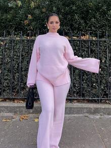 NegzBox Setelan 2 Potong Sweater Rajut Polos Kasual Wanita, Musim Gugur/Dingin - Baby Pink - View 4