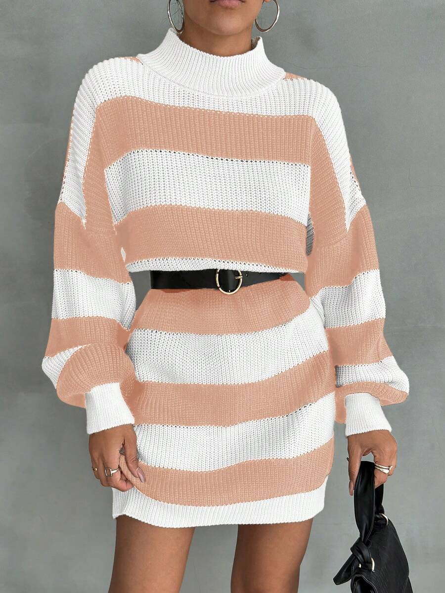 EURMUSE Women Drop Shoulder Sweater Dress With Striped Pattern - Coral Pink - View 1