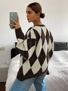 Livesso Autumn/Winter Loose Business Casual Geometric Pattern Color Block Knit Cardigan, Elegant Office Wear For Women - Brown - View 3