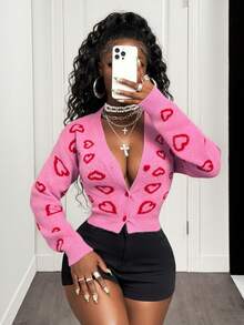 BamGleam Áo khoác cardigan nữ, màu hồng, cổ chữ V ngắn, tay dài, họa tiết trái tim đỏ, kiểu dáng thường ngày, họa tiết đồ họa, mùa đông, áo mùa đông dành cho nữ. - Hồng - Xem 7