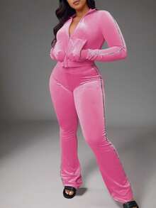 Zyxie Women's Sequin Patchwork Velvet Zipper Front Pocket Jacket And Flare Pants Casual Suit - Hot Pink - View 3