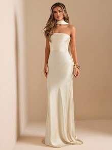 SHEIN BAE 优雅无肩带露背连衣裙，配腰带，性感纯色奶油黄色正式礼服，适合派对、鸡尾酒会、婚礼、生日、伴娘等场合 - 杏色 - 查看 4