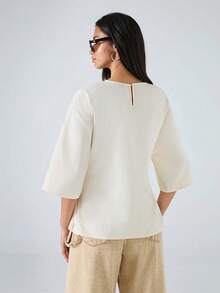 LYSMO 2026 New Arrive Minimalism Spring/Summer Women's Butter Yellow Top Solid Color Round Neck 3/4 Sleeve Side Tie Waist Casual Shirt Casual Outfit For Women Going Out Outfits Streetwear Peplum Top Work Outfits Office Outfits For Women Summer Outfit For Women Blouse With Belt Blouse With Garterized Waist For Women - Light Yellow - View 2