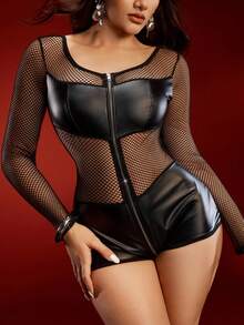 EmpressEnvy 性感女式紧身连衣裤，拉链，网眼拼接，亮面 PU 皮革，迷人，女强人，办公室警察，酒吧，派对，化妆舞会 - 黑色 - 查看 6