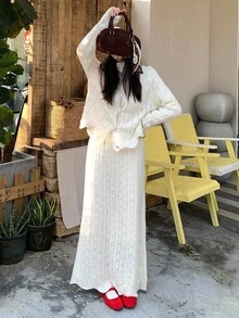 DAZY 女式韩版常规领休闲长袖毛衣和裙子两件套秋冬 - 米色 - 查看 8