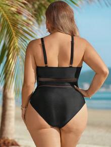 Swim Lushoire 大码优雅蕾丝拼接连体泳衣，性感成熟魅力，适合夏季度假 - 黑色 - 查看 2