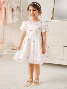 Glamorique Kids 女婴白色爱心印花泡泡袖连衣裙 红色蝴蝶结露背甜美公主派对连衣裙 - 白色 - 查看 2