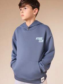 Sudadera con capucha para niños SUMWON con bolsillo central y diseño gráfico de texto mixto, sudadera casual para la escuela y el fin de semana, vacaciones - Azul - Ver 7