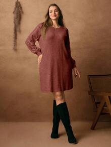 Rosumi 大码女式圆领长袖罗纹休闲宽松连衣裙 - 棕色 - 查看 5