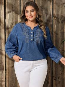 EMERY ROSE Plus Size Women Street Casual Comfortable Light Blue Embroidered Non-Stretch Denim Top - Light Wash - View 3