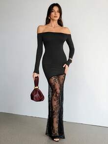 SHEIN Tall Women's Elegant Romantic Date Sexy Party Black Off Shoulder Long Sleeve Lace Waist Tight Asymmetrical Hem Lace Patchwork Maxi Dress, Autumn - Black - View 4