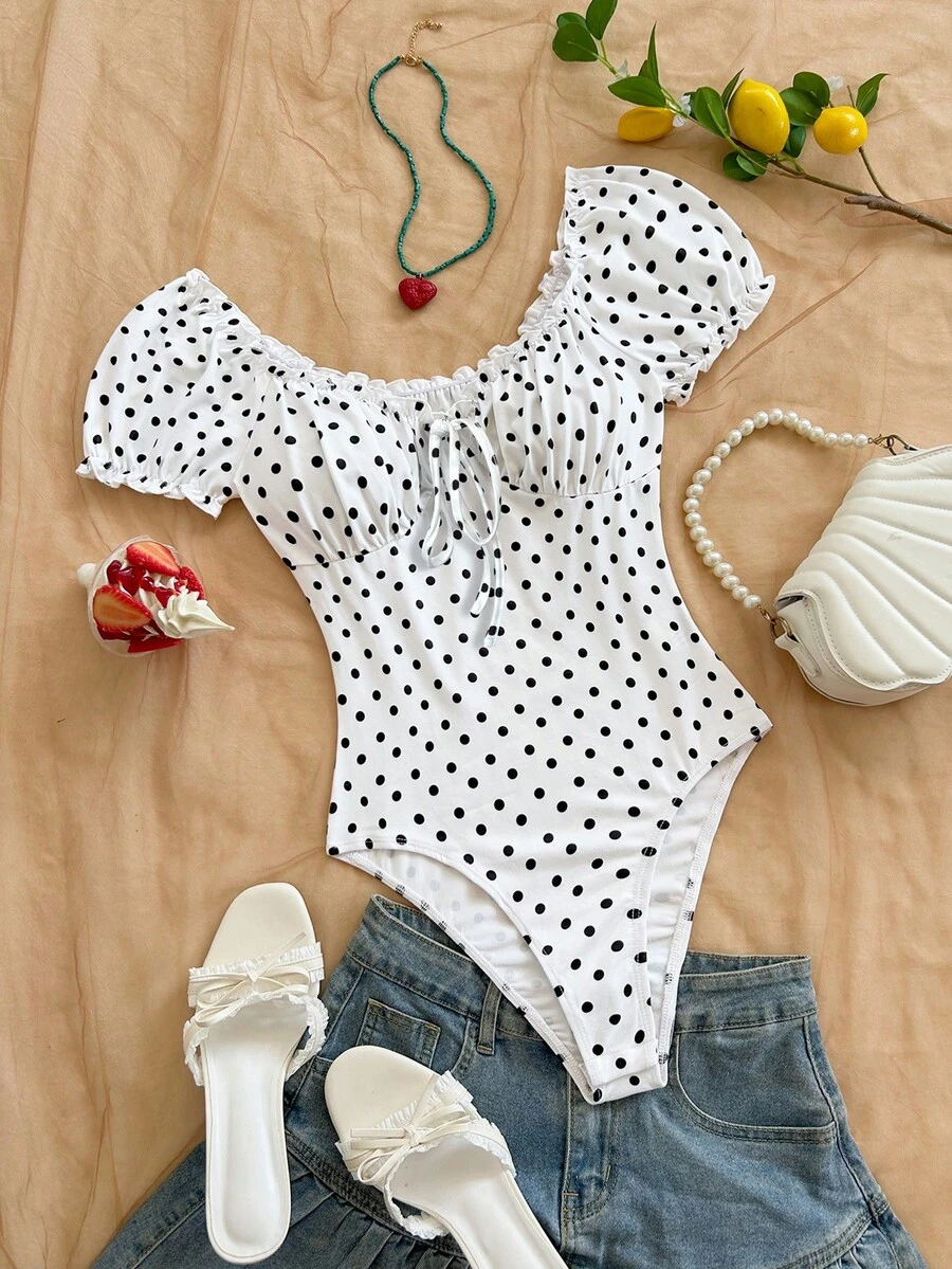 Soleia Women's Polka Dot Print Frill Trim Sweetheart Neck Raglan Sleeve Pleated Bodysuit - Multicolor - View 1