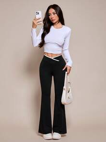 SHEIN PETITE Women Asymmetric Waist Flared Casual Pants - Black - View 7