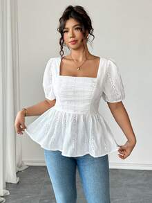 Elenzga Plus Size Spring/Summer Embroidered Linen-Like Square Neck Slimming Waist Puff Sleeve A-Line Elegant French Style Comfortable Vacation Casual Blouse Shirt Peplum Eyelet Top White Eyelet Top Eyelet Top Eyelet Tops For Women - White - View 4
