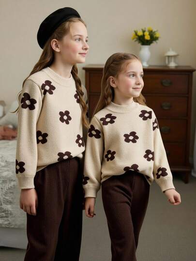 Bộ áo len cổ lọ và quần dài cho bé gái tuổi mới lớn, áo in hoa hướng dương màu cà phê, quần dệt kim gân lạc đà, trang phục ấm áp thoải mái thường ngày cho kỳ nghỉ, du lịch, thu/đông, len lông cừu, phong cách học sinh, thích hợp cho Giáng sinh