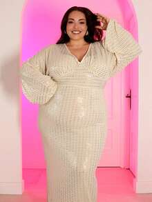 Pretty and Ole Plus Size Women's Elegant Sequin Deep V-Neck Long Sleeve Dress Maxi Women Outfit Christmas Party - Beige - View 4