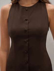 COSMINA Women's Solid Color Round Neck Single-Breasted Sleeveless Fashion Mini Dress, Dark Brown Chocolate Button Women - Coffee - View 5