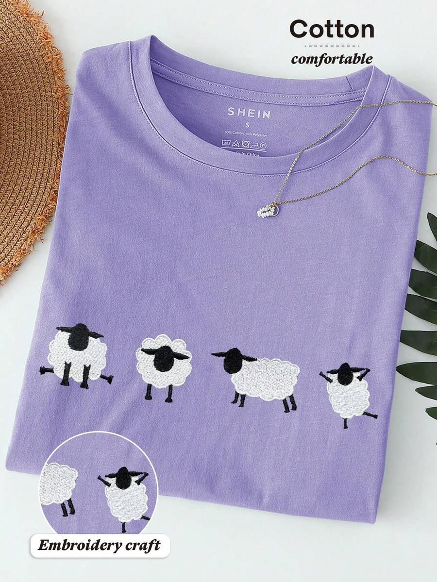 INAWLY 女士卡通绵羊刺绣圆领休闲百搭短袖T恤 - 紫丁香色 - 查看 1