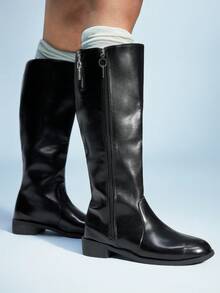 Sugerpunk 女士时尚休闲圆头拉链过膝长靴，秋季 - 黑色 - 查看 3