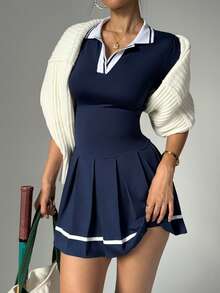 Dewbera 女式撞色绑带V领短袖褶边瑜伽运动连衣裙（含紧身裤） - 藏蓝色 - 查看 1