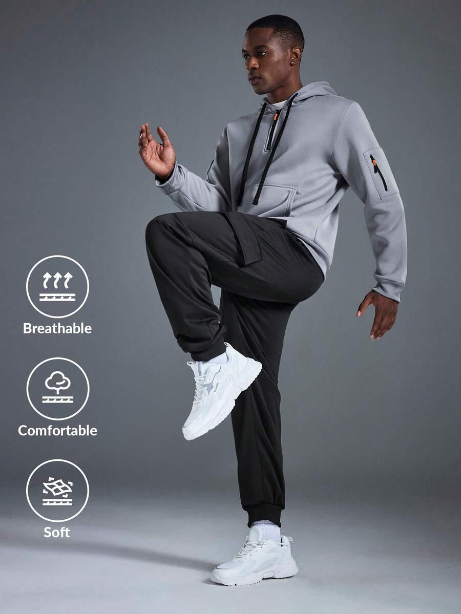 Driftmere Men's Casual Half-Zip Hoodie Sweatshirt And Cargo Pants Set, Fashionable Outdoor Suit, Gym/Training/Running/Fitness Hoodie, Quarter Zip Hoodies Sweatshirt, Daily Casual Spring To Summer - Light Grey - View 1