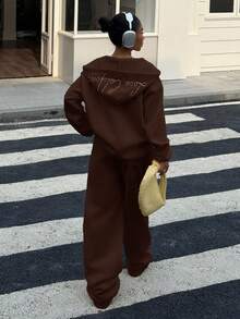 SHEIN EZwear Bộ áo nỉ rộng rãi màu nâu cỡ lớn, mùa thu - màu nâu - Xem 2