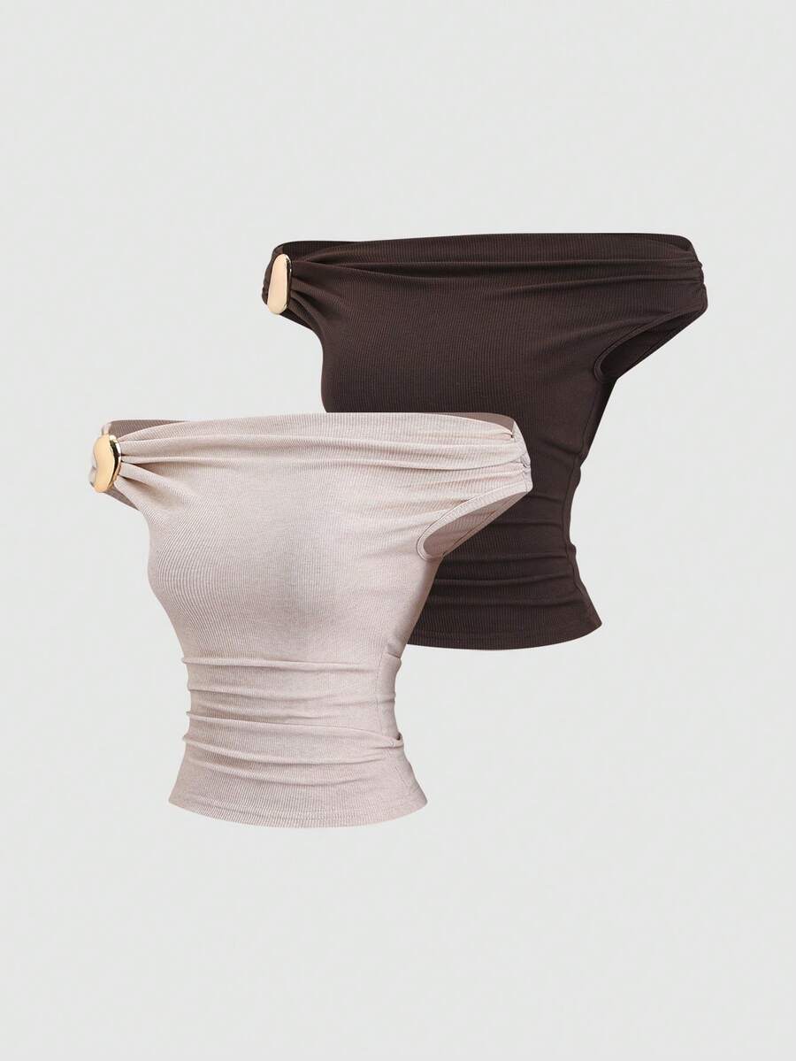 Sweetra 女士休闲时尚多功能金属装饰褶皱T恤 - 彩色 - 查看 1