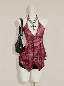 SHEIN ICON Burgundy Halter Tank Top For Women Boho Style Knitted Fabric Regular Length