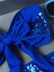 Swim Vcay Bộ đồ bơi 3 mảnh đính sequin không dây vai in hình sao biển kèm chân váy xếp tầng dành cho nữ. - Màu xanh lam - Xem 3