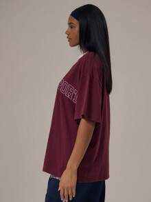 Musera Sport 运动超大印花标语T恤 冬季运动服 运动健身房锻炼 夏季 - 酒紅色 - 查看 5