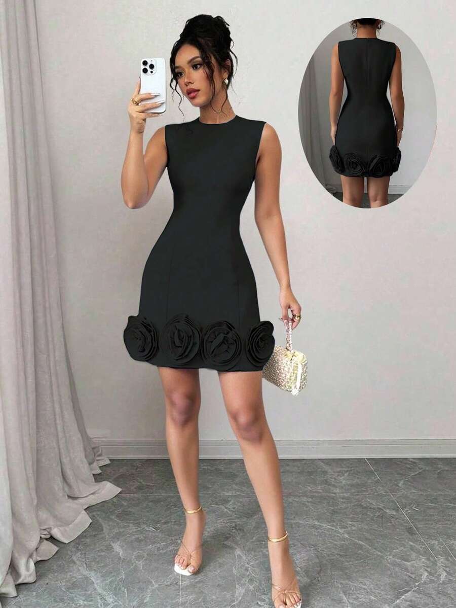 Rafferiza Elegant Fitted Floral Print Dress For Women Short Black Dress Black Sleeveless Dress Short Bodycon Dress Elegant Women Mini Dresses Dresses For Women - Black - View 1