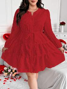 Vionelle Vestido de manga larga con cuello mao, abertura frontal y bajo jacquard, con elementos de San Valentín como rosa, corazón, lunares, amor, labios, cupido, flor 94D en tallas grandes - Rojo - Ver 3