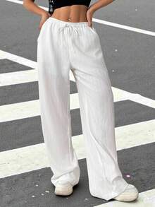 SHEIN EZwear 女式純色前扣蝴蝶結打褶休閒長褲，簡約百搭 - 白色 - 查看 4