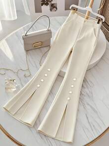 GlowEve Women's Solid Color Versatile High Waist Slit Flare Pants For Daily Commute, With Button And Zipper, Gold Button Decor, Spring/Summer