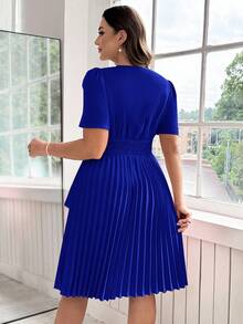 Ellevyn Đầm xếp ly công sở thanh lịch thiết kế bất đối xứng màu trơn cỡ lớn khóa kim loại trang trí - Xanh đậm - Xem 2