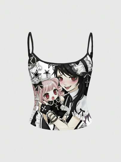 Anime Débardeur blanc vintage sombre avec chaîne en étoile, nœud et croix pour femmes, style punk sombre Yandere Y2K