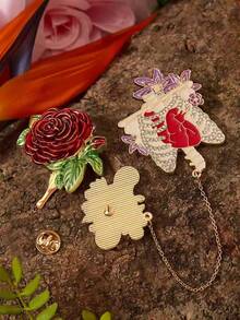 Frida Kahlo X SHEIN 3件套时尚优雅精致水钻锌合金3D立体花朵胸针，玫瑰花卉设计，适合度假、摄影、搭配连衣裙、外套、作为礼物、夏季服装、春季服装、海滩、度假、鲜花等场合。 - 彩色 - 查看 6