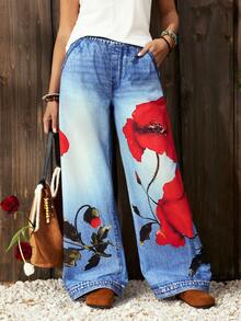 EMERY ROSE 女士休闲复古印花阔腿牛仔裤 - 中等水洗藍 - 查看 7