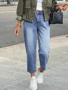 SHEIN PETITE Jeans casuales de talle alto con presillas para cinturón, de color azul claro, versátiles para uso diario - Azul - Ver 3