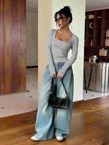 SHEIN EZwear Women Striped Boxy Collar Long Sleeve Casual T-Shirt Bodysuit, Autumn - Black and White - View 4