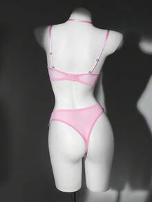 Set de lencería de 2 piezas con corazón de encaje bicolor sexy y romántico para el Día de San Valentín - Rosa - Ver 2