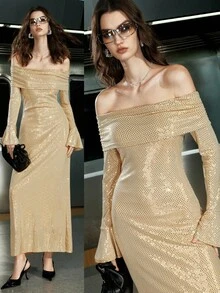 Airlisse 女士优雅露肩长袖喇叭袖收腰亮片连衣裙，冬季派对的迷人设计 - 香檳色 - 查看 1