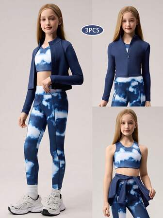 SHEIN 少女三件套蓝色扎染渐变印花运动外套、上衣和紧身裤套装，高弹修身运动外套+背心+紧身裤，适合居家健身、户外慢跑。