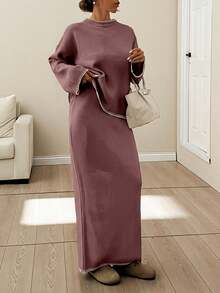 EURMUSE Women Stitch Detailed Round Neck Drop Shoulder Pullover & Sweater Skirt Set - Dusty Pink - View 6