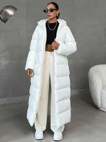 EURMUSE Abrigo con capucha acolchado para mujer, extra largo y muy cálido en invierno - Blanco - Ver 5