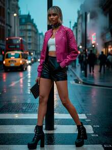 Chaqueta corta casual tipo motera para mujer, tela de poliuretano, poliéster y viscosa, apta para temporadas de invierno y otoño. Cuello en redondo, elegante pedrería artificial y estoperoles decorativos. Manga larga, interior forrado, muy cálido y cómodo, ajuste con botones de presión metálicos. Sin bolsillos. - Rosa - Ver 9