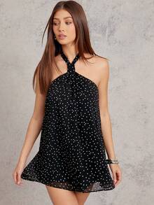 L'Amorae Women's Mini Halter Polka Dot Swing Dress - Black and White - View 4