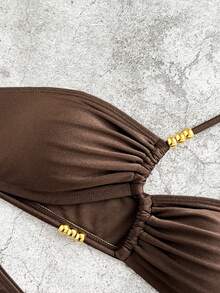 Swim SXY 2026新款深棕色金属光泽性感不对称单肩泳衣套装，夏季假日海滩派对 - 棕色 - 查看 5