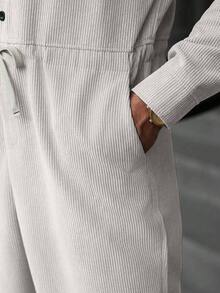 Manfinity CasualCool جمبسوت رجالية كاجوال مع جيوب، خصر بسحاب، من قماش الكوردروي، طقم رجالي من قطعتين بطراز خريفي - لون مشمشي - مشاهدة 4