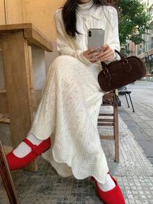 DAZY 女式韩版常规领休闲长袖毛衣和裙子两件套秋冬 - 米色 - 查看 14